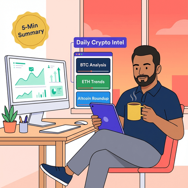 Flat design illustration of a South Asian crypto trader enjoying his morning coffee while reviewing multiple crypto market analysis video summaries on his tablet, with a trading monitor in the background showing simplified data visualizations.