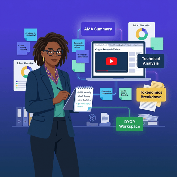 Flat design illustration of a confident Black female crypto researcher analyzing token project videos on her laptop with organized research notes and analytical data visualizations in purple, navy and teal colors.