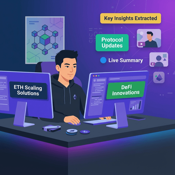 Flat design illustration of an Asian crypto trader in a hoodie analyzing dual monitors showing ETH conference summaries in a modern tech workspace with blockchain visual elements and purple-blue color scheme.