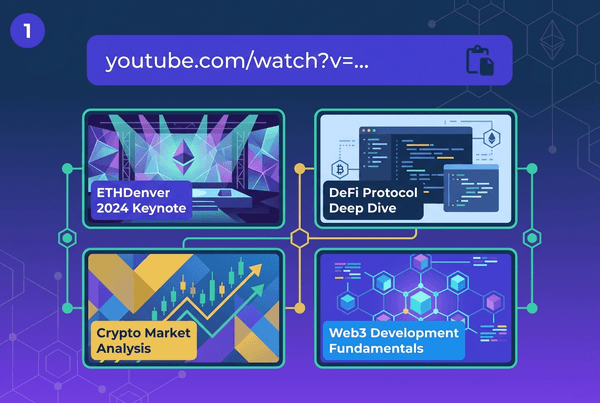 Flat design illustration showing a cryptocurrency video input system with four thumbnail cards for blockchain content including ETHDenver conference, DeFi tutorials, and market analysis, using purple and teal crypto-themed colors.