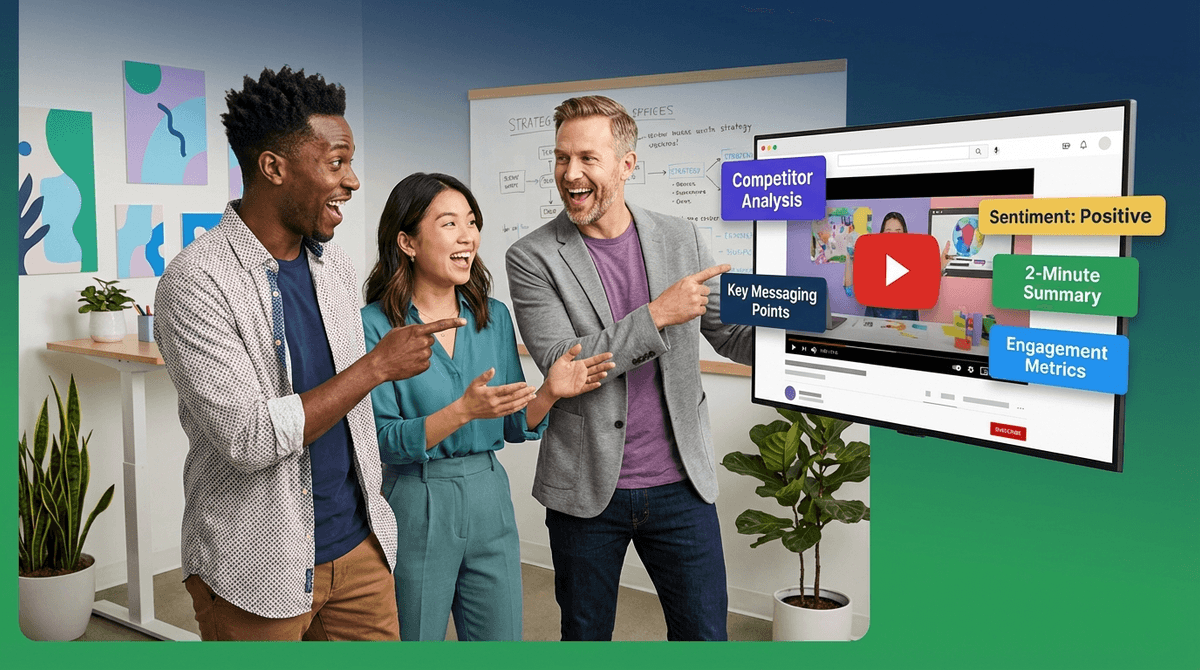 Diverse marketing team of three professionals (Black, Asian, and White) collaborating enthusiastically around a monitor showing YouTube competitor video analysis with colorful data visualization elements in a modern creative workspace.