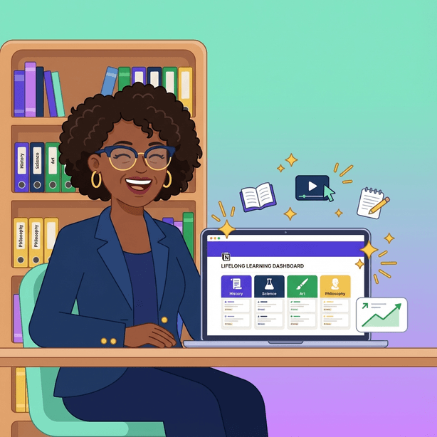 Flat design illustration of a Black female lifelong learner at her organized desk with a laptop showing a purple Notion interface with categorized summaries for History, Science, Art, and Philosophy. She has a satisfied expression surrounded by an organized bookshelf and decorative knowledge icons.