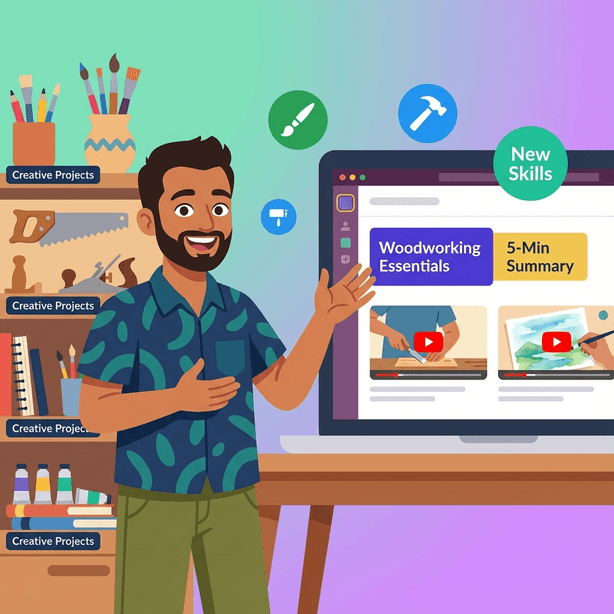 Flat illustration of a South Asian/Middle Eastern lifelong learner at his creative home workspace, excitedly viewing tutorial summaries on his laptop with woodworking and watercolor supplies organized around him.