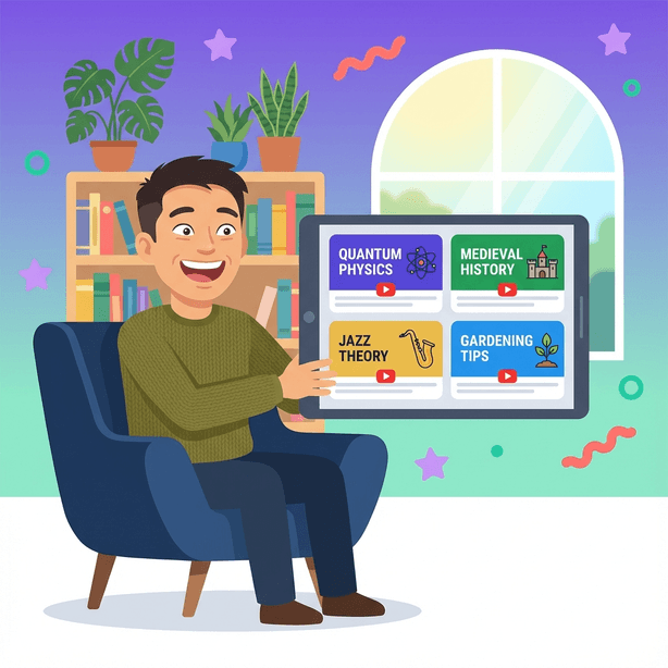 Flat illustration of an excited Asian man in his 30s relaxing in a cozy reading nook with a tablet displaying summaries of diverse topics including quantum physics, medieval history, jazz theory, and gardening, surrounded by plants and decorative elements in a vibrant, colorful style.