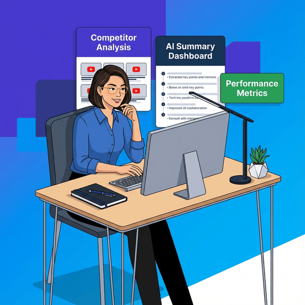 Flat design illustration of an Asian female marketer at a modern desk with dual monitors showing competitor video analysis and AI summaries, featuring a clean workspace with notebook and professional business casual attire.