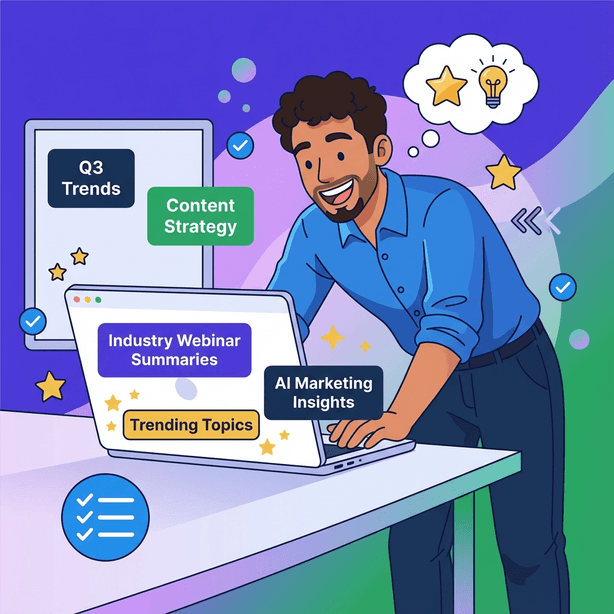 Flat design illustration of an excited Hispanic marketing professional leaning forward at a laptop displaying webinar summaries with trending topics. The workspace includes a whiteboard with trend notes, using a vibrant purple and gold color scheme.