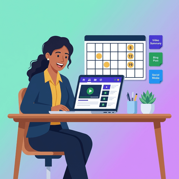 Flat illustration of a South Asian female content marketer at an organized desk, smiling while working with video summaries on her laptop, surrounded by a colorful content calendar and sticky notes in a clean, vibrant workspace.