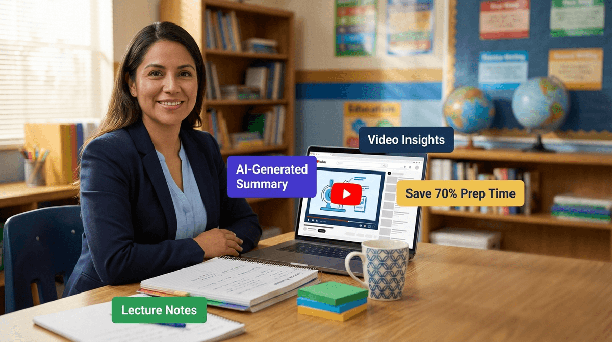 A Hispanic educator sits at a desk with a laptop showing YouTube content being summarized, surrounded by teaching materials including a lesson planner and sticky notes in a warm classroom environment.