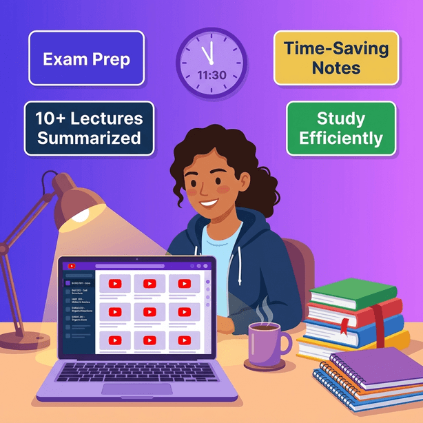 Flat illustration of a focused student studying late at night with a laptop showing multiple lecture summaries