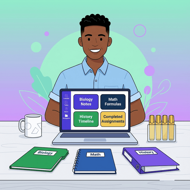 Flat design illustration of a student at an organized study desk with a laptop showing a Notion workspace