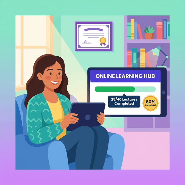 Flat illustration of a confident student sitting in a cozy study nook with a tablet showing course progress