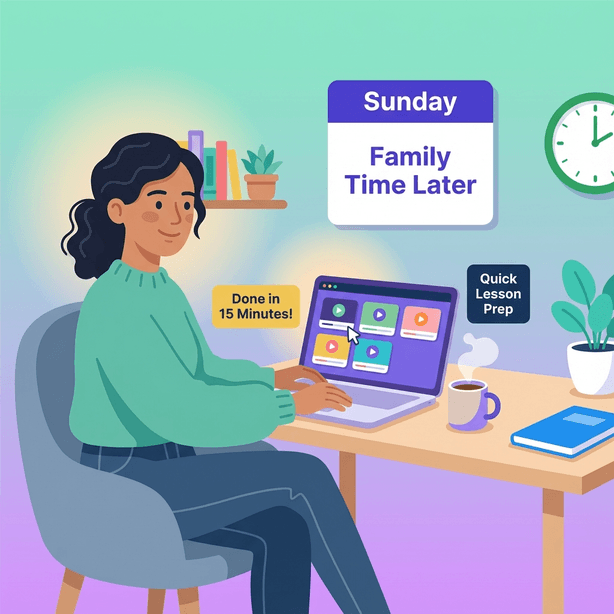 A flat illustration of a Hispanic female teacher relaxing at her home desk on Sunday, efficiently organizing video lessons on her laptop with a satisfied expression. Her workspace includes a coffee mug and calendar showing 'Family Time Later' scheduled.