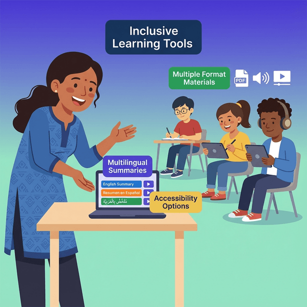 Flat design illustration of a South Asian female teacher at a desk with a laptop showing multilingual summaries, surrounded by three diverse students in an inclusive classroom setting with accessibility options and learning materials in various formats.