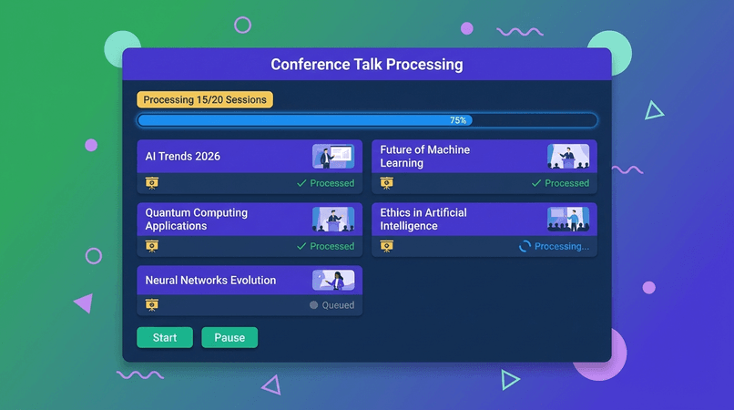 Flat design vector illustration showing a modern AI dashboard processing conference talks