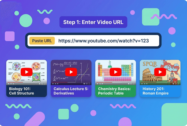 Flat design illustration showing an educational video URL input field with YouTube links and four academic video thumbnails below it