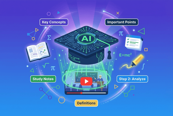 Flat design illustration of an AI graduation cap analyzing educational video content with colorful badges