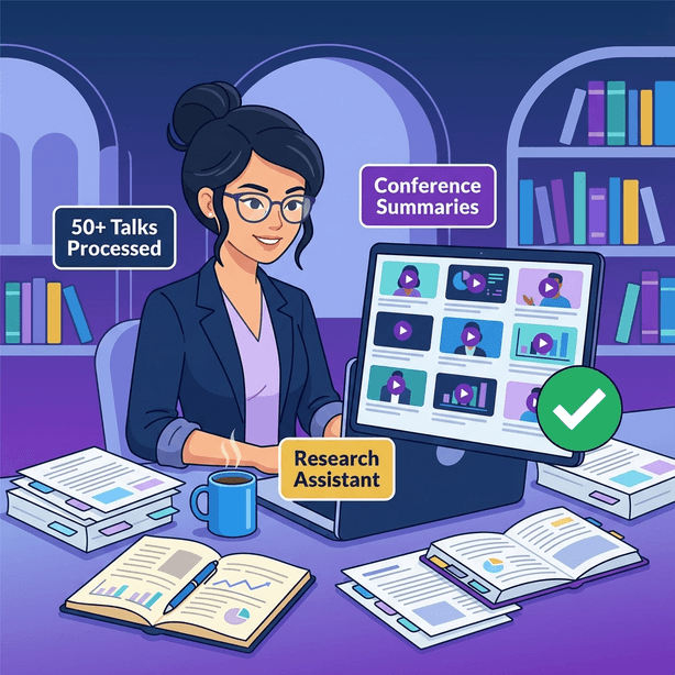 Flat design illustration of a focused female Asian PhD student at a university library desk with a laptop showing multiple conference video summaries. Surrounded by organized research papers, notebooks, and a coffee mug with purple and navy color scheme.