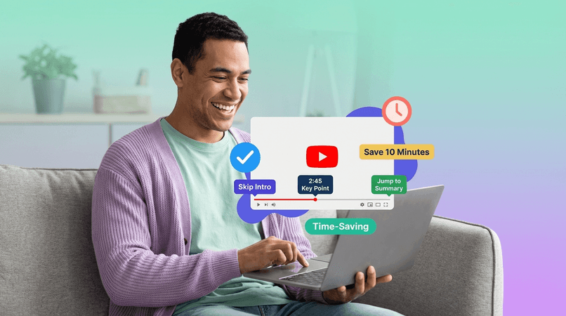 A relaxed person sitting comfortably on a couch, using a laptop showing a YouTube video with timestamp markers