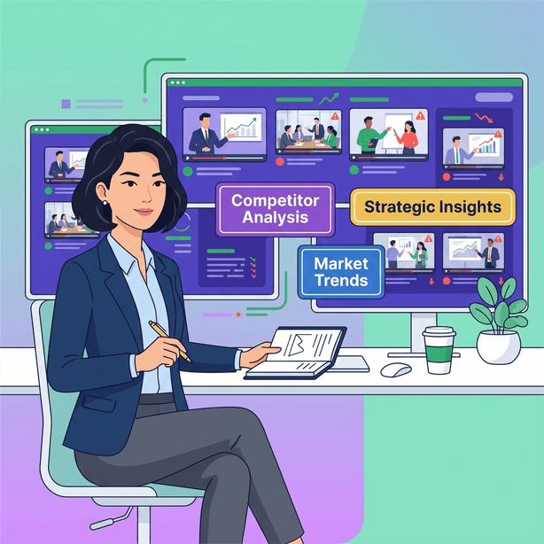 Flat design illustration of an Asian female professional analyzing competitor videos on dual monitors with a purple dashboard interface, taking strategic notes with a confident expression in a modern office setting.