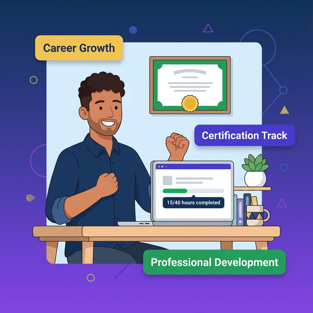 Flat design illustration of a Hispanic professional male (28-35) with an accomplished expression at home office desk. His laptop shows certification progress with a purple interface and green progress bar reading "15/40 hours completed". A framed certificate hangs on the wall, with floating colored labels showing "Career Growth" and "Professional Development".