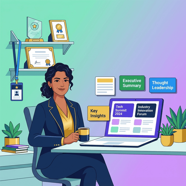 Flat illustration of a confident South Asian professional woman at her workspace with a laptop showing conference summaries including Tech Summit 2024 and Industry Forum thumbnails, surrounded by award recognitions in a modern setting with vibrant purple and green brand elements.