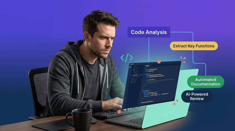 A focused software developer in tech casual attire working intently at a modern desk with a laptop showing code in dark mode, surrounded by floating elements highlighting code analysis features in vibrant brand colors.