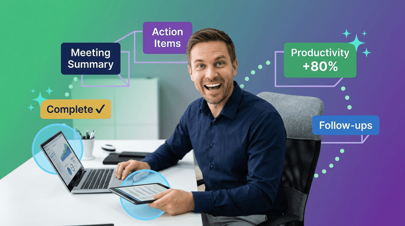 A confident business professional at a modern office desk reviewing meeting summaries on a laptop, with floating elements showing action items, tasks, and deadlines in vibrant brand colors.
