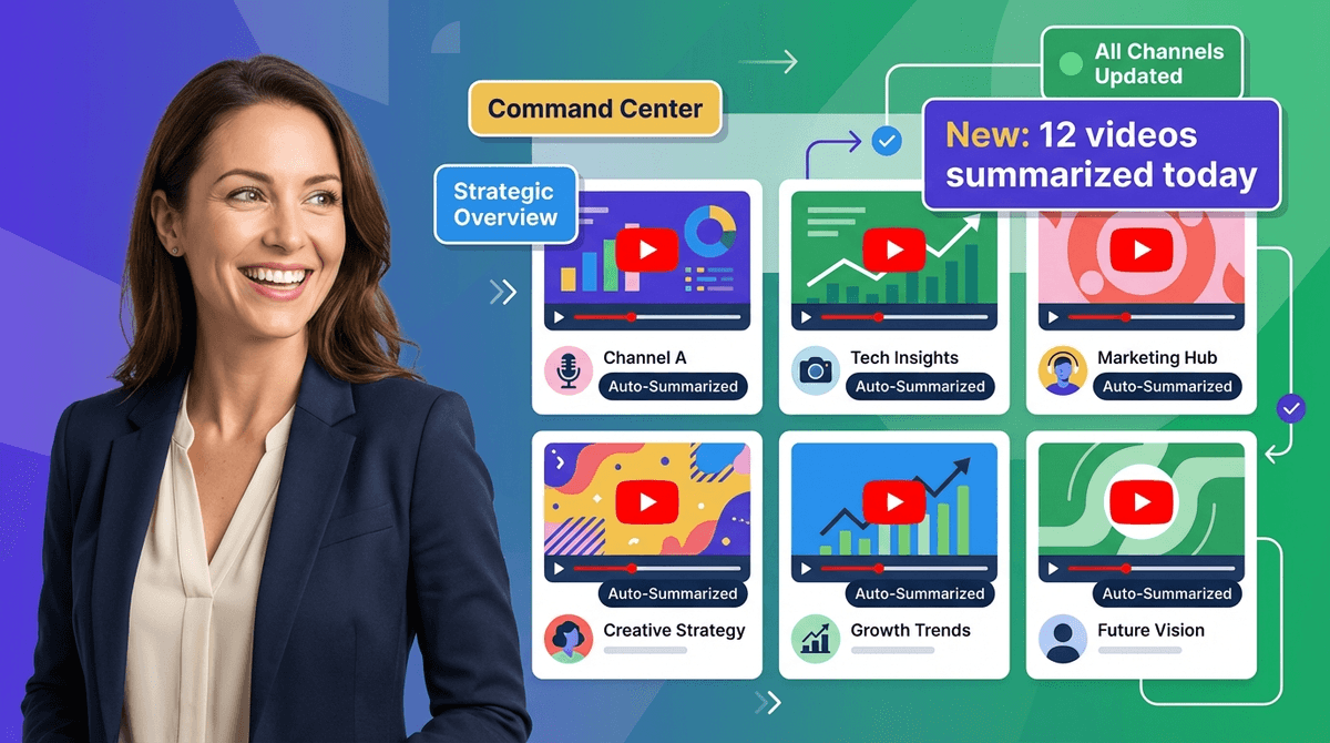 A professional in their 30s confidently monitors a YouTube dashboard showing multiple channel subscriptions with auto-generated summaries. The person has an excited expression while viewing a screen with YouTube thumbnails, auto-summary badges, and notification indicators in a modern workspace environment.