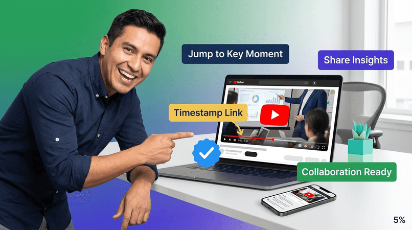 Professional Hispanic business person in their 30s with an excited expression pointing at a laptop showing video timestamps