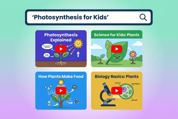 Flat illustration of a YouTube search interface with 'Photosynthesis for Kids' in the search bar and four colorful educational video thumbnails arranged in a grid below, featuring science and plant-related content with YouTube-style red play buttons.