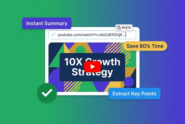 Flat design illustration showing a video input interface with a YouTube URL being pasted, professional marketing thumbnail with '10X Growth Strategy' text overlay, and colorful feature highlights floating around it in brand colors.