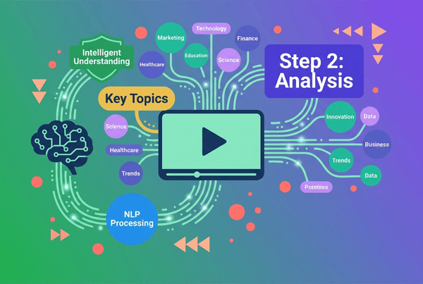 Flat design illustration showing video content with NLP processing visualization. Topic tags and insight badges float from a video player, with colored geometric elements representing intelligent data analysis in a modern, abstract style.