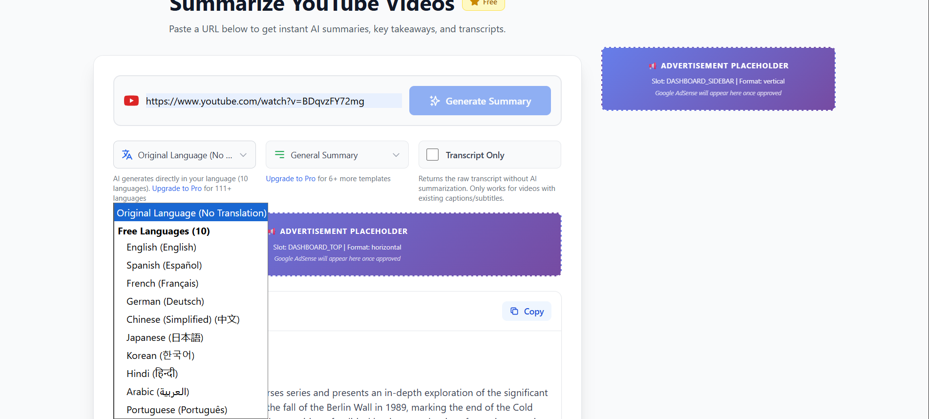 AI Vid Summary homepage showing YouTube video input and summarization interface