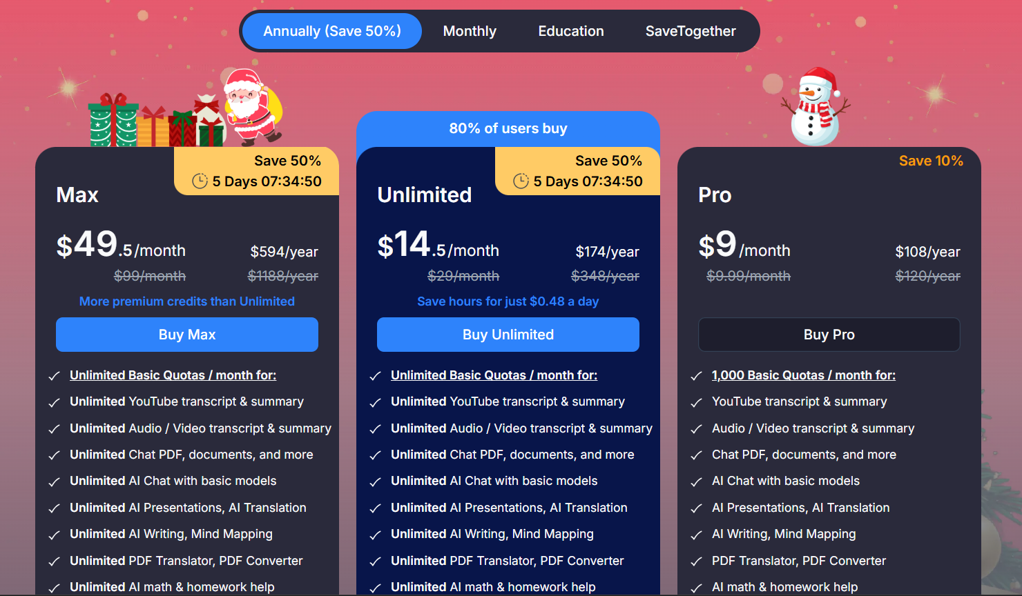 AI Vid Summary pricing page showing Free, Pro ($12), Premium ($19), and Ultimate ($39) plans