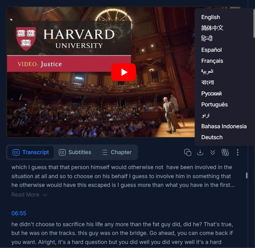 NoteGPT language options showing 60+ supported languages