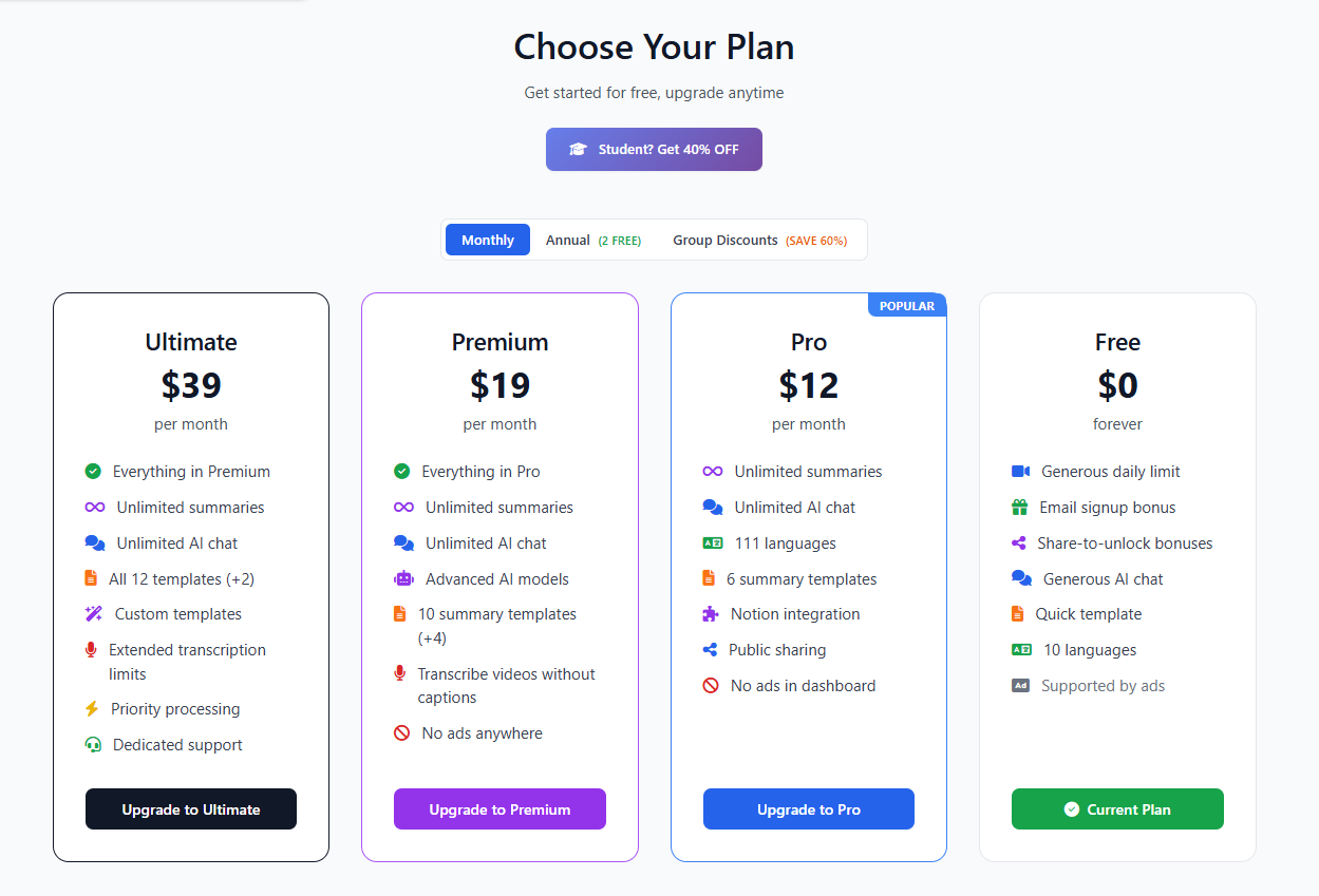 NoteGPT pricing page showing their plan tiers and features
